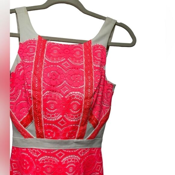 Gianni Bini White Sleeveless Mini Sheath Dress Neon Pink Lace - Picture 4 of 8